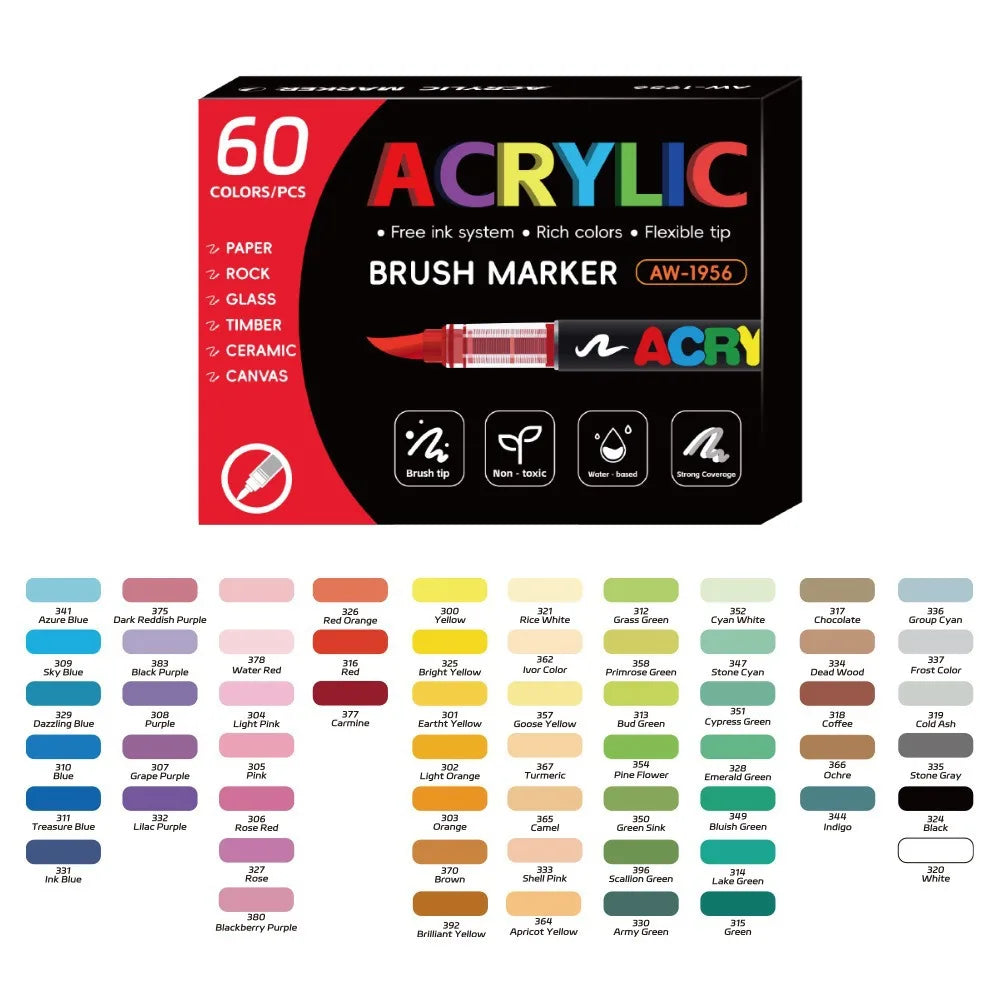 12-60 Colors Acrylic Paint Pen Marker Brush Tip Paint Marker For Rock Painting Wood Canvas Stone Christmas Gift DIY Craft