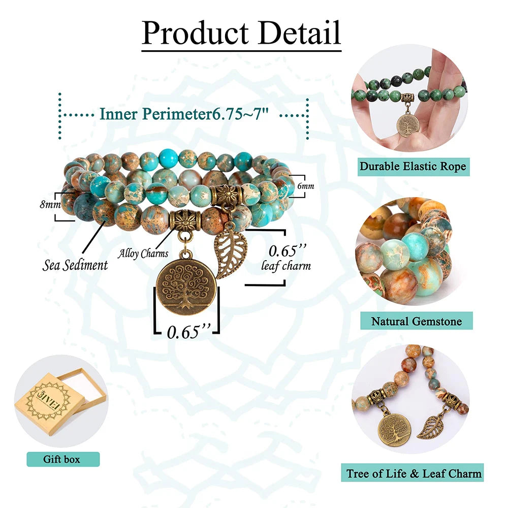 Natural Semi Precious Gemstone Beads Bracelet for Women Life Tree and Leaf Charm Energy Reiki Crystal Stretch Bracelets Jewelry