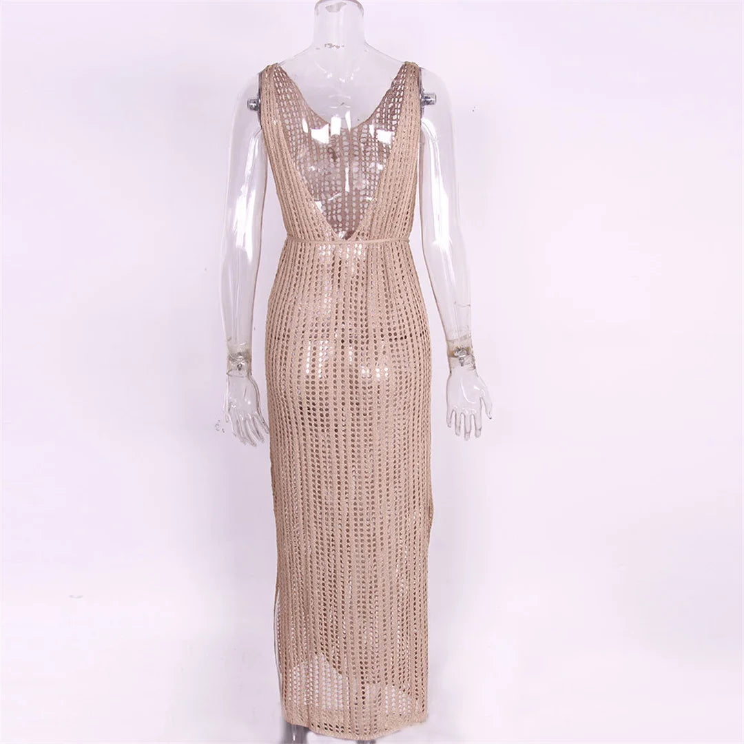 S - XL Backless Hollow out Knitted Crochet Tunic Beach Cover Up Cover-ups Beach Dress Beach Wear Beachwear Female Women V3660