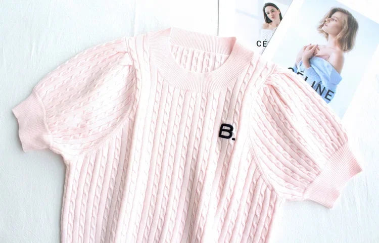 Japanese New Spring Ladies Sweet Bubble Short Sleeve Twist Knitted Top Sweater Letter Embroidered Pure Color Women's T-shirt