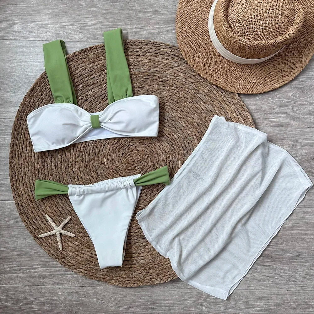 3 Pieces Bikini Set Wiht Mini Skirt Women Swimwear 2024 Sexy Bikinis Push Up Beachwear Solid Bodysuit Micro Thong Biquini Female