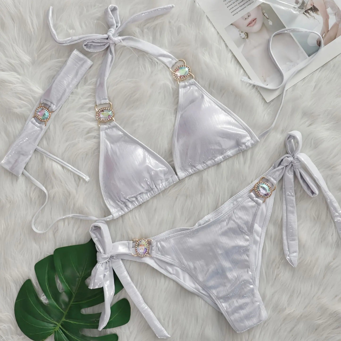2025 New Diamond Rhinestone 3pcs Bikinis Set Crystal Patchwork Push Up Bandage Female Swimsuit with Hairband Bather Bathing Suit