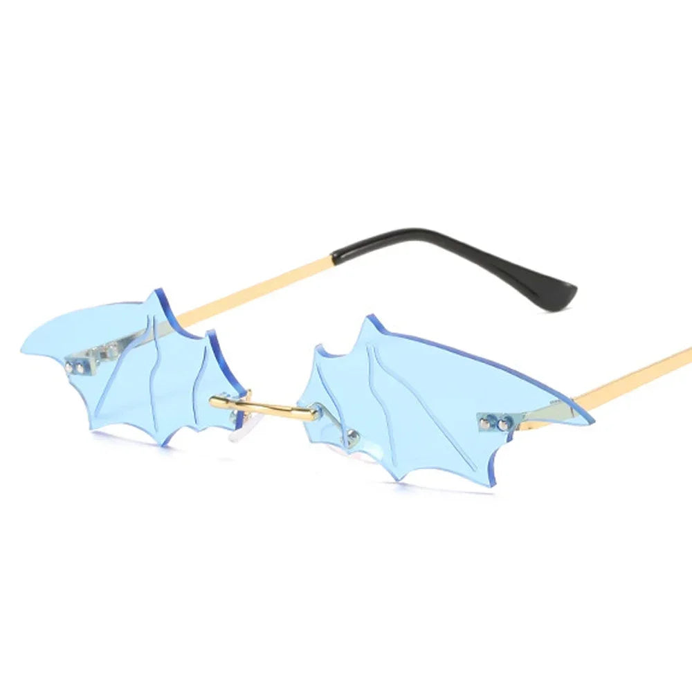 Fashion Rimless Men Sunglasses Women Trendy Bat Shaped Sun Glasses Female Male Vintage Black Mirror Shades Metal Oculos De Sol