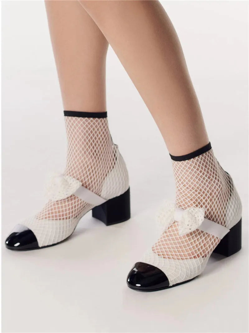 Rhinestone Mesh Upper Bow Mary Janes Shoes Block High Heels Splicing Elastic Slip-on Designer Women's  Elegance Party Footweant