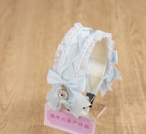 Lolita Hairband Lace Bow New Headwear Sweet Heart Shape Rhinestone Pendant Headband Japanese Style Hair Accessories for Women