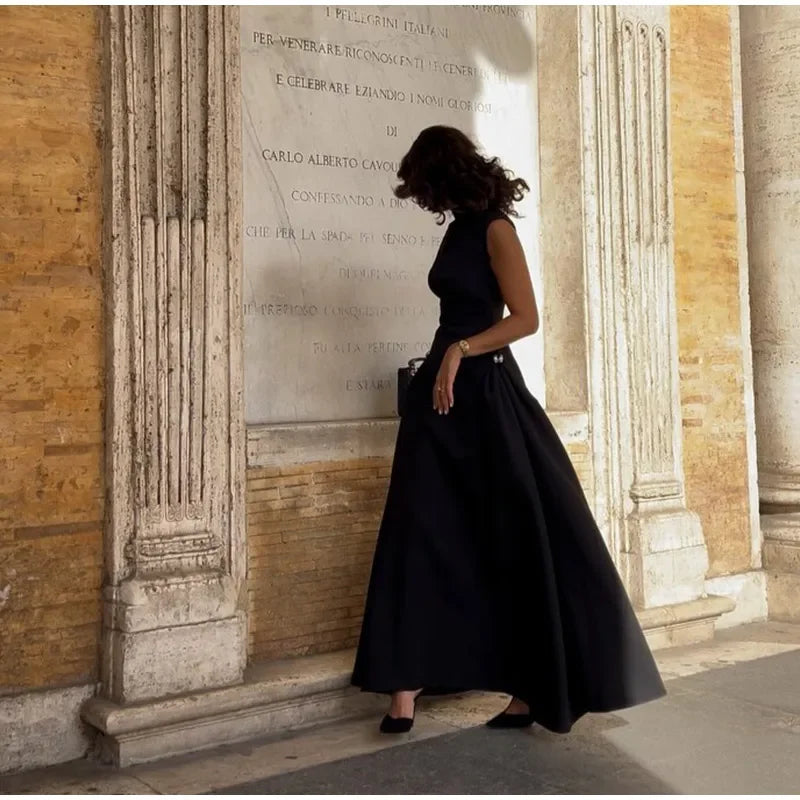 Vintage Brown Long Dress Women's Elegant Loose Diagonal Neck Black Metal Buckle Maxi Dresses Female 2025 Summer Evening Party