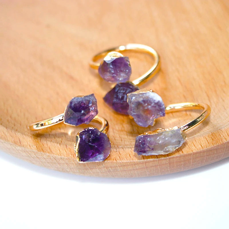 Irregular Amethyst Rough Stone Open Ring Golden Handmade Finger Jewelry Adjustable Size