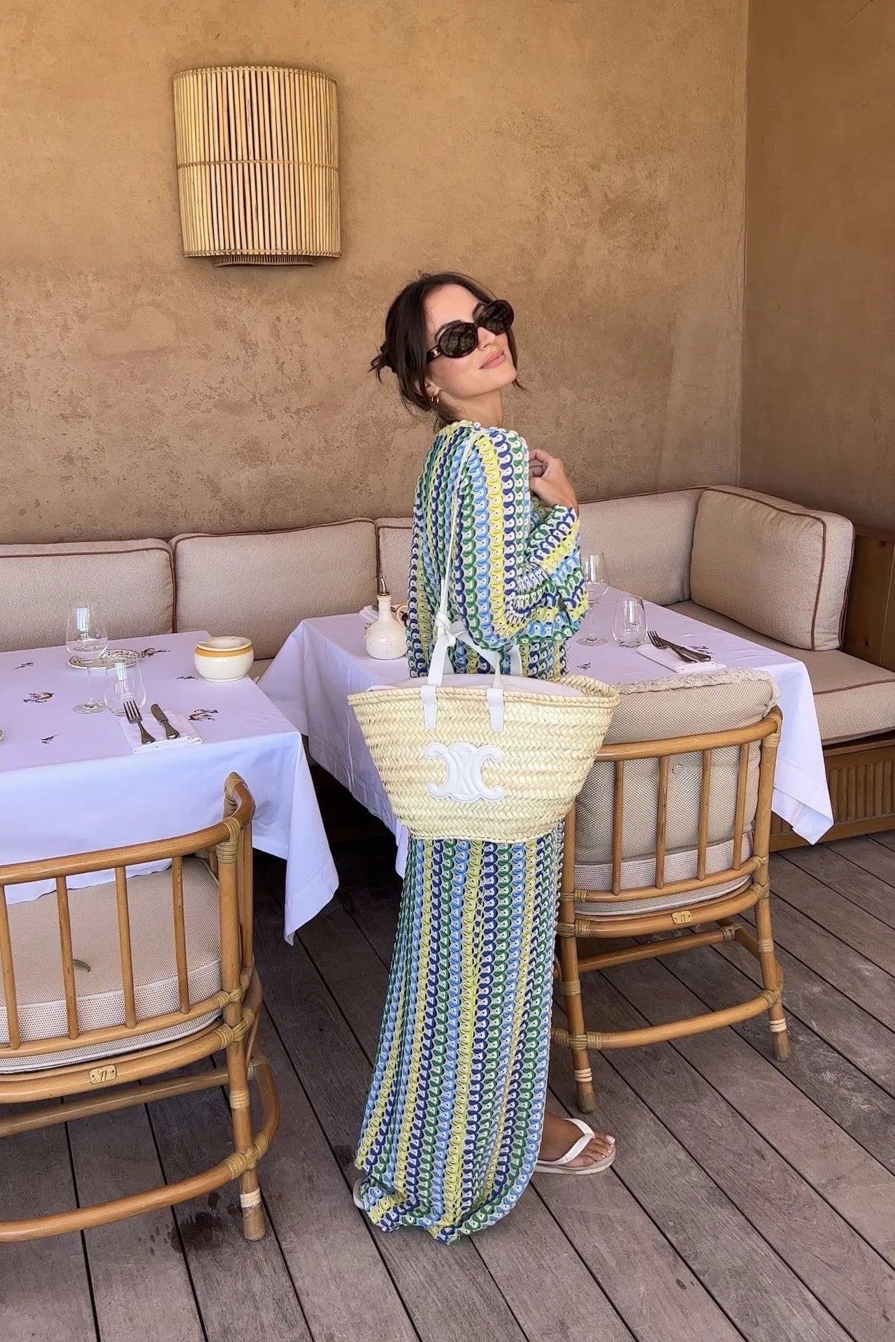 Crochet Colorful Stripe Maxi Dress Women Flare Sleeve V-neck High Split Sexy Long Dresses 2025 New Autumn Beach Banquet Vestidos