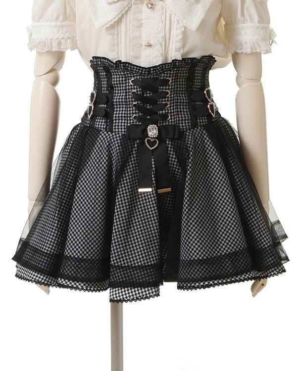 Japanese Liz New Summer Lace Edge Leather Ring High Waist Pleated Skirt Ribbon Bow All-match Short Skirts Big Bow Lolita Blouses