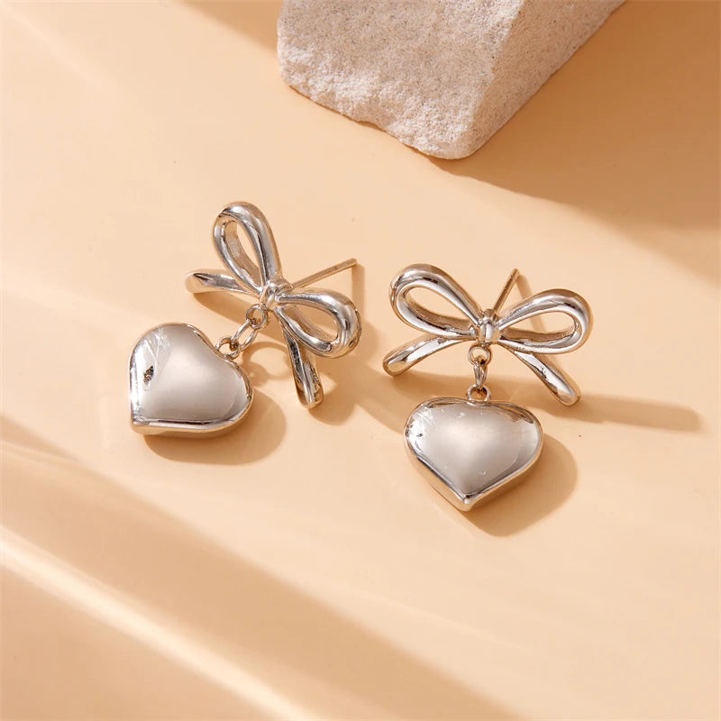DIEYURO 316L Stainless Steel Gold Color Bow Heart Earrings For Womans New Fashion Exquisite Ear Accessories Jewelry Party Gifts