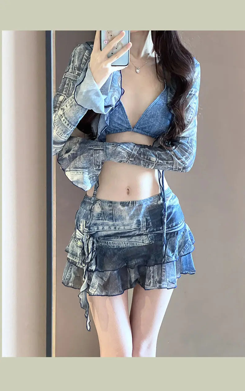 Bikini Swimsuit Lady Denim Blue Four Piece Set Sexy Fashion Vacation Sand Auricularia Auricula Edge Slim A-line Skirt Swimwear