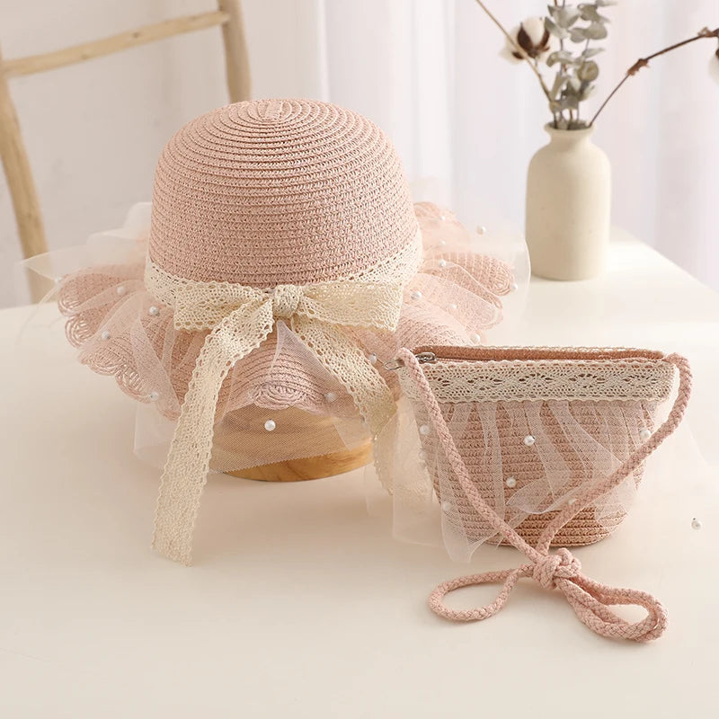 Kids Girls Wide Brim Straw Woven Cap Sun Protection Beach Hat Lace Pearl Summer Floppy Bucket Cap Portable Handbag панама