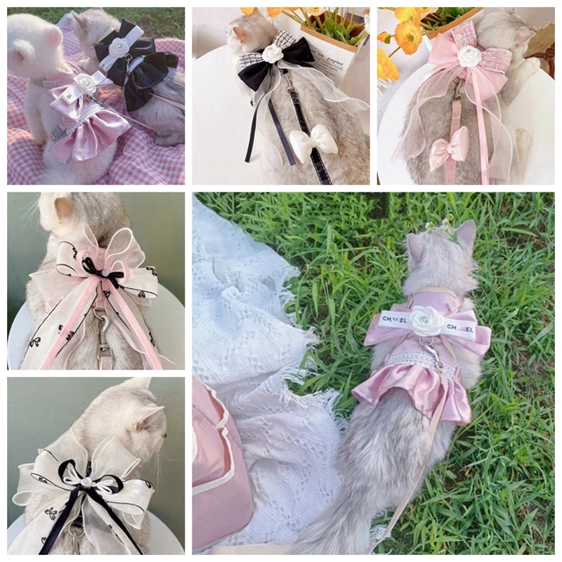 New Pet Cat Dog Traction Suit Fashion Luxury Flowers Bow lace Chest Back Traction Rope Advanced Flower Clothes Dog Walking Rope