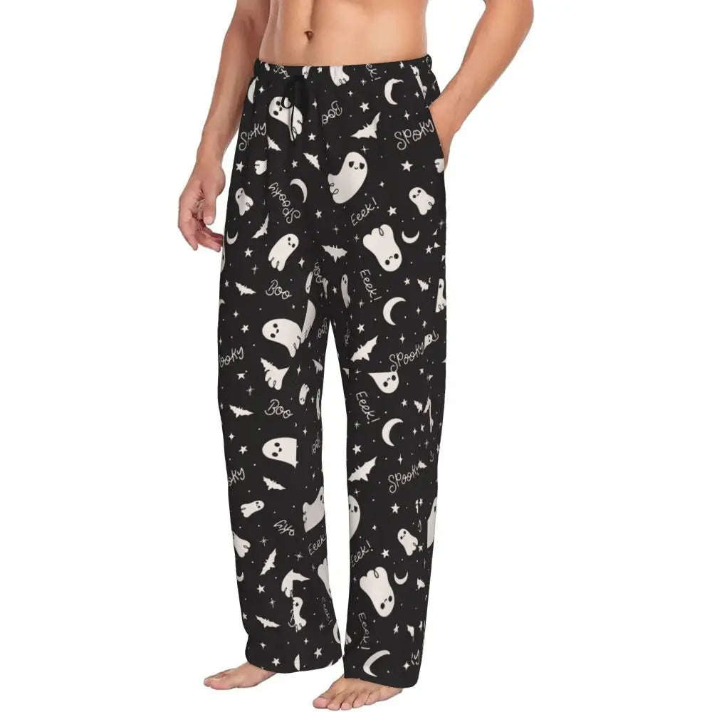 Custom Cute Spooky Halloween Bats Black And Purple Pajama Pants for Men Lounge Sleep Drawstring Sleepwear Bottoms with Pockets