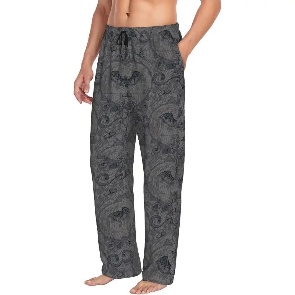 Custom Cute Spooky Halloween Bats Black And Purple Pajama Pants for Men Lounge Sleep Drawstring Sleepwear Bottoms with Pockets