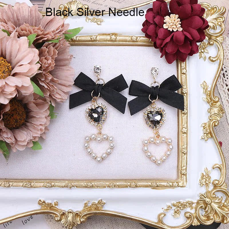 Lolita  Earrings Accessories for Women Lo Style Kawaii Bow Heart Earrings Clip/Needle Cute Women's Rhinestone Pearl
