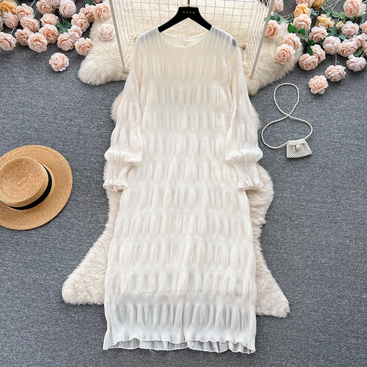 Autumn Vintage Women Draped Loose Midi Dress Elegant Round Collar Puff Long Sleeve Robe Casual Yellow/Burgundy/Green Vestido New