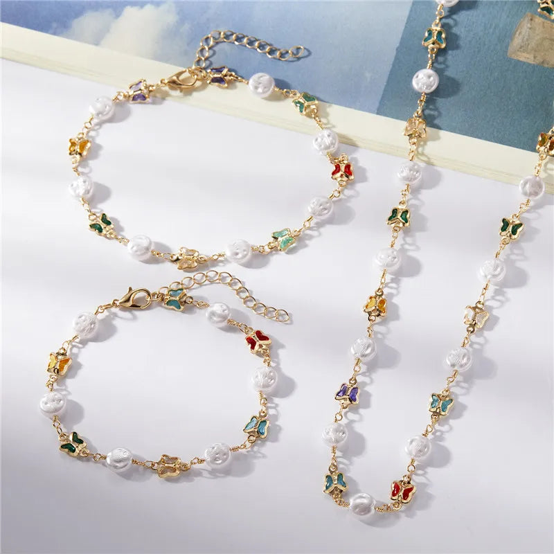 Exquisite Boho Candy Color Heart Shaped Crystal Bracelet for Women Fashion Charm Zircon Butterfly Pearl Metal Chain Bracelets