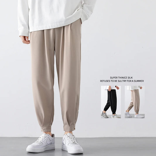 M-5XL Summer New Men's Pants Solid Color Legged Pants Casual Shorts Thin Ice Silk Cool Dry Nine Cent Pants