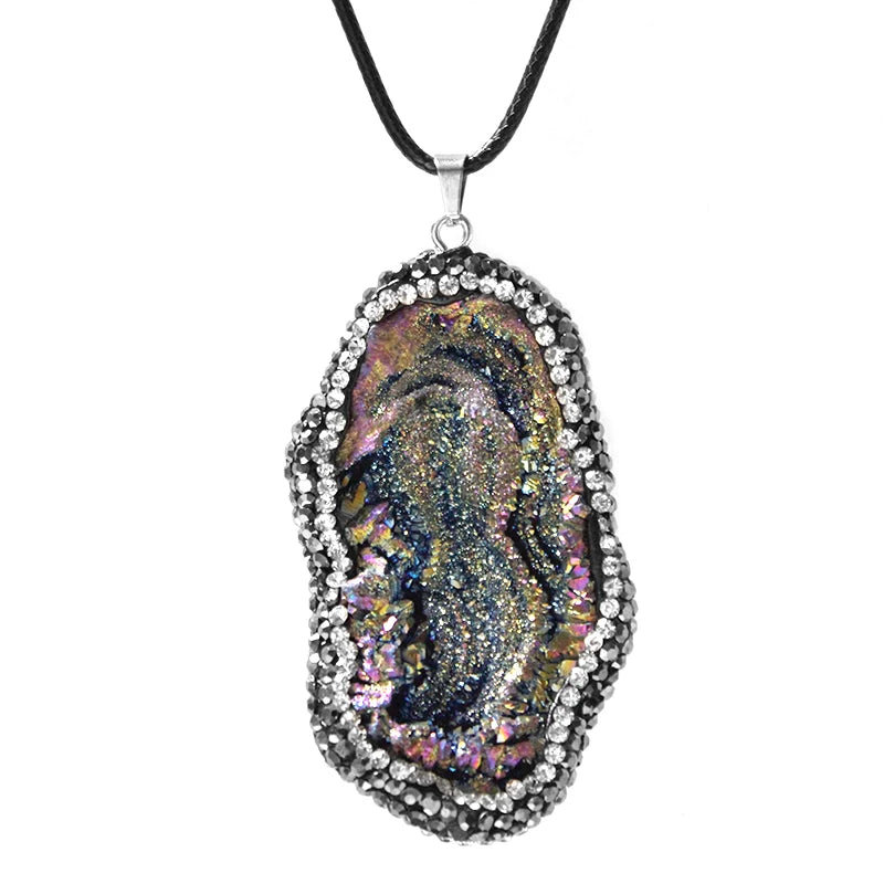 Micro Inlay Rainbow Sun Agate Galaxy Necklace for Women Ladies Irregular Rough Stone Pendant Reiki Healing Crystal Jewelry
