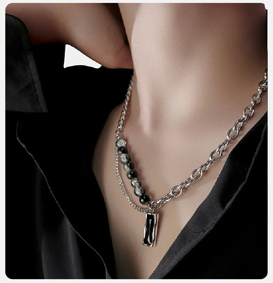 Vnox Stylish Black Stone Choker Necklaces for Men Women, Double Layers Chain Collar,Valentine's Father's Day Birthday Party Gift