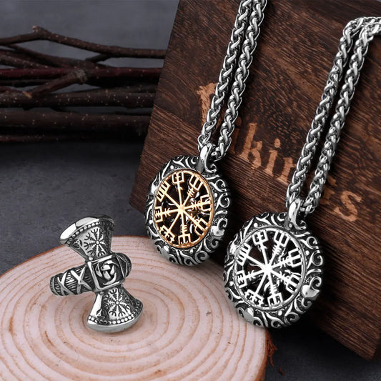 Stainless Steel Viking Road Sign Compass Necklace Men and Women Odin Rune Fashion Charm Hollow Pendant Jewelry Gift Dropshipping