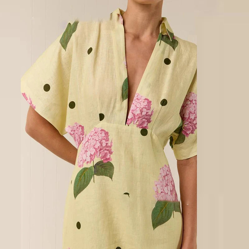 Sexy V-Neck Sling Boho Party Dress Womens Elegant Floral Print Hollow Long Dress Spring Summer High Waist Puff Sleeve Maxi Dress