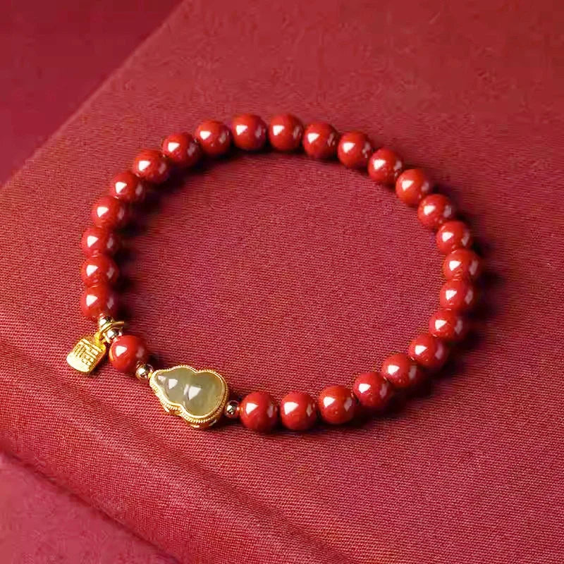 Lucky Imitation of Hotan Jade Cinnabar Red Gold Color Bead Natural Stone Beaded Bracelet for Women Bracelet Party Good Luck Gift