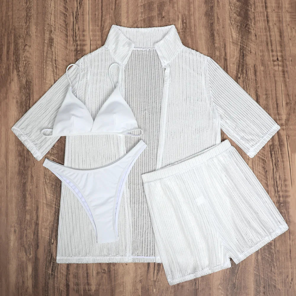 Summer 4 Piece Bikinis Sets Women Black White Mesh Half Sleeve Cover Up with High Waist Panties Swimsuit Bathing Suit Swimwear