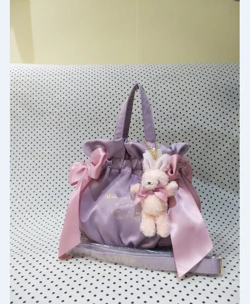 Japanese Style New Double-Sided Drawstring Bags Sweet Cute Girl Ladies Satin Bow Crossbody Shoulder Portable Handbag