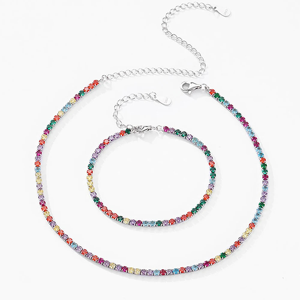 2.5/3mm Round Rainbow Tennis Necklace Bracelet for Women S925 Silver Colorful High Carbon Diamond Clavicle Choker Fine Jewelry