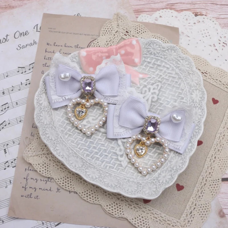 1 Pair Female Hair Clips Pearl Heart Side Clip Sweet Girl's Hairclips Lolita Hairpin Headdress Jiraikei Accessories