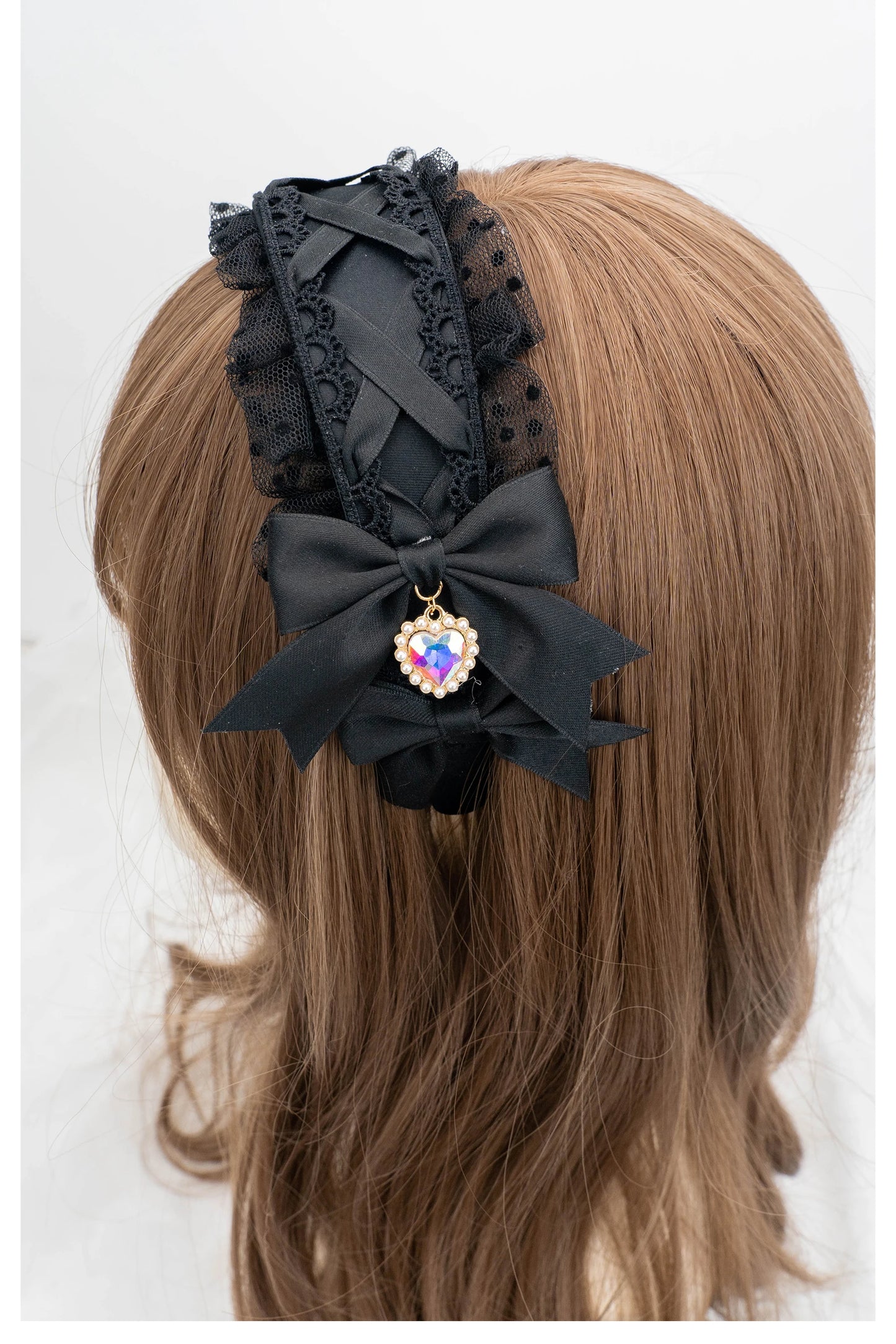 Lolita Hairband Lace Bow New Headwear Sweet Heart Shape Rhinestone Pendant Headband Japanese Style Hair Accessories for Women