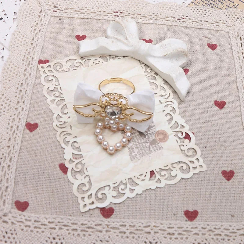 Handmade Rojita Japanese Style Elegant Sweet Cute Rings Rhinestone Ruffled Bow Soft Girl Ring Fashion Rolita Rings for Women