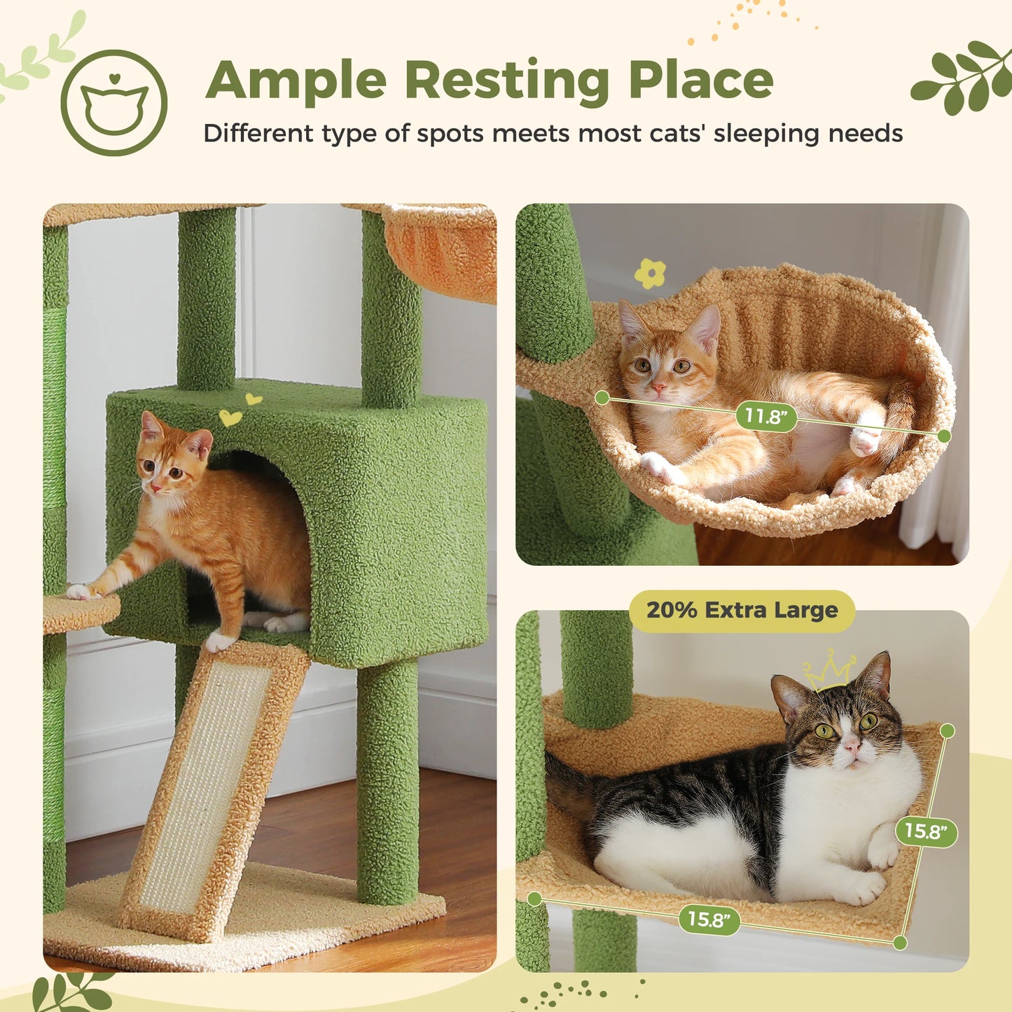 Cactus Cat Tree Floor to Ceiling Cat Tower Adjustable Height with Cat Condo Cozy Hammock and Scratching Post Tall Activity Tree