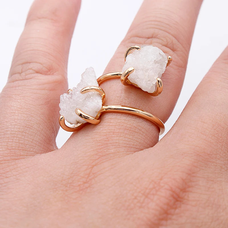 Irregular Crystal Cluster Open Ring for Women Girls Claw Setting Gold-color Boho Natural Stone Finger Jewelry Resizable