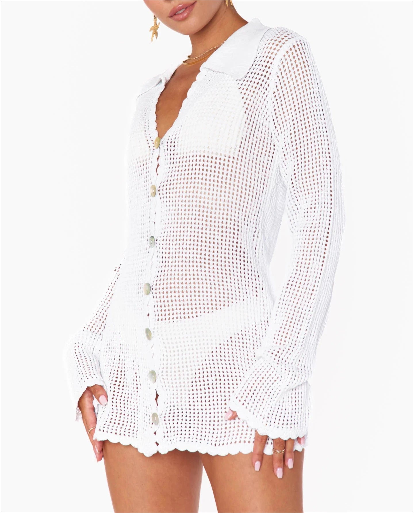 2025 Summer Women's Loose V Neck Button Coverup Cardigan Sexy Knit Mesh Beach Dress Swimsuit Cover Up Casual Vacation Wear K187