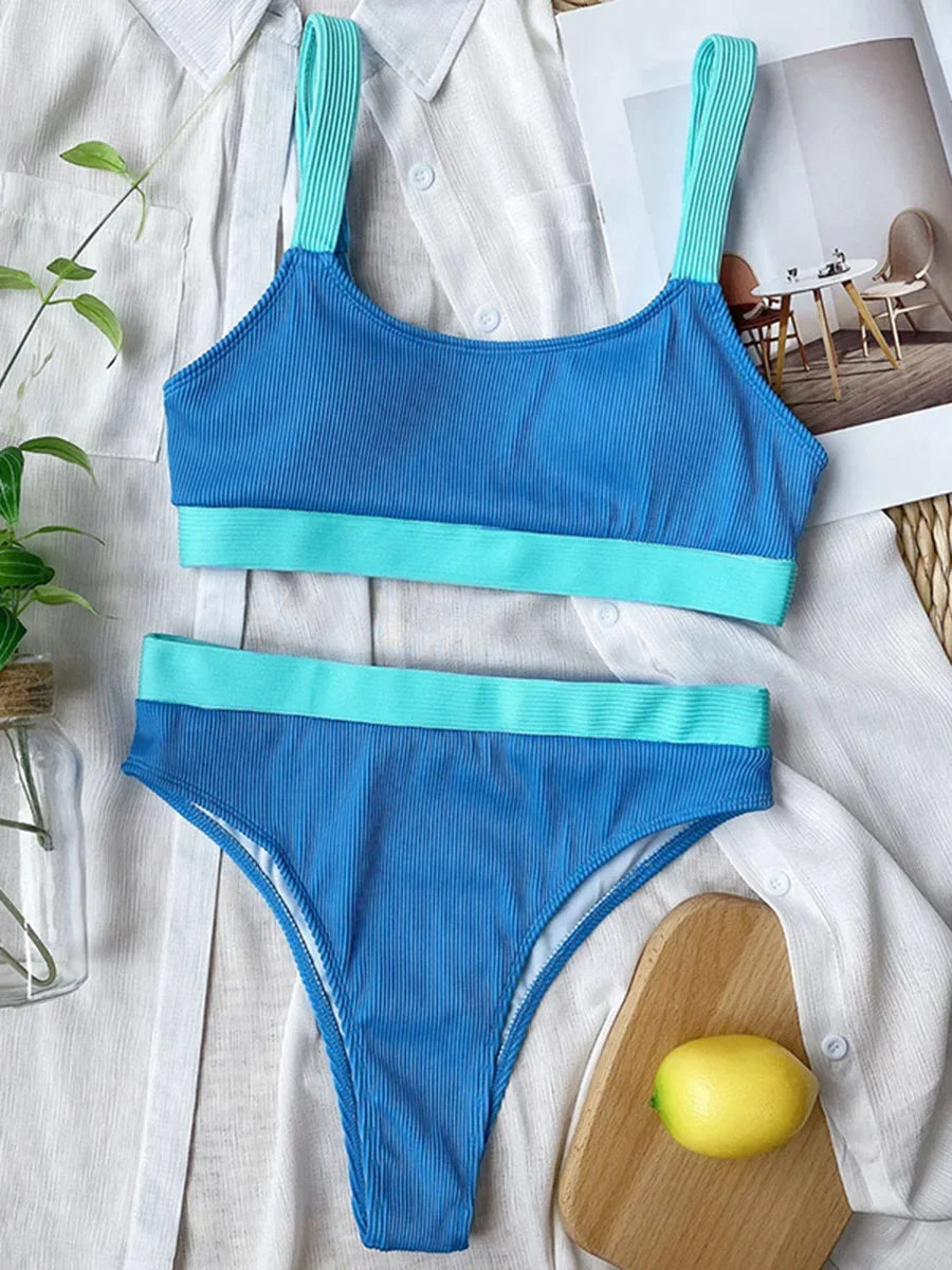 Sexy Splicing Ribbed Bikinis High Waist Bikini 2025 Female Swimsuit Women Swimwear Two-pieces Bikini Set Bathing Suit Swim Lady