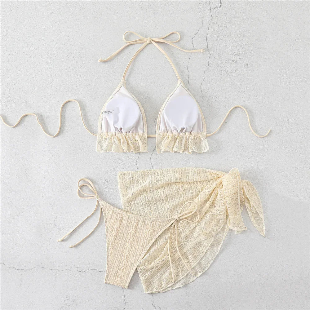 Halter String Triangle 3 Piece Bikini Set Beige Lace Mesh Sexy Swimsuit Women 2025 Cover Up Swimwear Bathing Suit Bikinis Dames