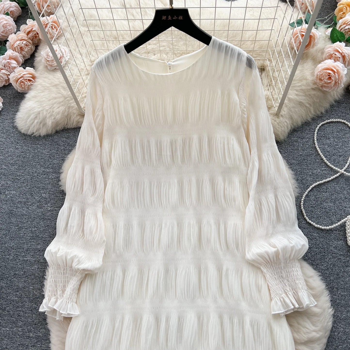 Autumn Vintage Women Draped Loose Midi Dress Elegant Round Collar Puff Long Sleeve Robe Casual Yellow/Burgundy/Green Vestido New