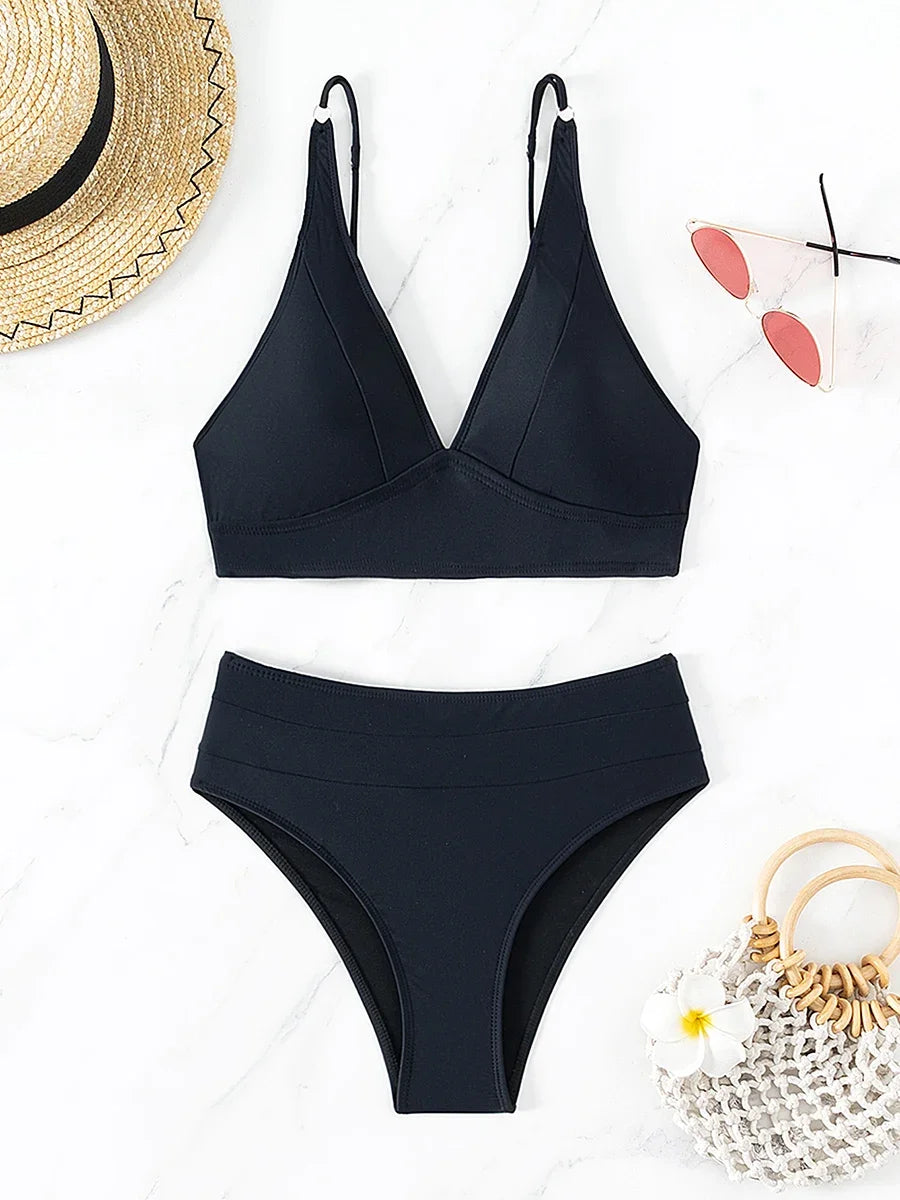 V Neck Bikinis 2024 Women High Waist Swimsuit Print Sexy Swimwear Female Bathers Bathing Swimming Swim Suit Beachwear Summer