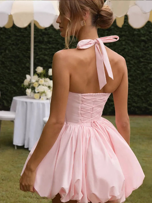 Vintage Pink Corset Puffball Hem Mini Dress Women's Elegant Halter Pleated High Waist Gowns New Lady Party Club Vestidos Summer