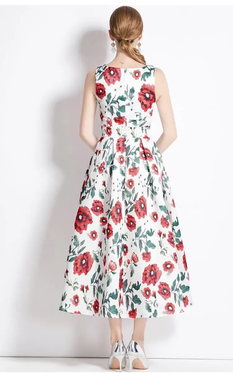 Summer New Long Floral Print Dress Big Hemline Slimming Fashionable Umbrella Skirt Style Sleeveless Women's Dress