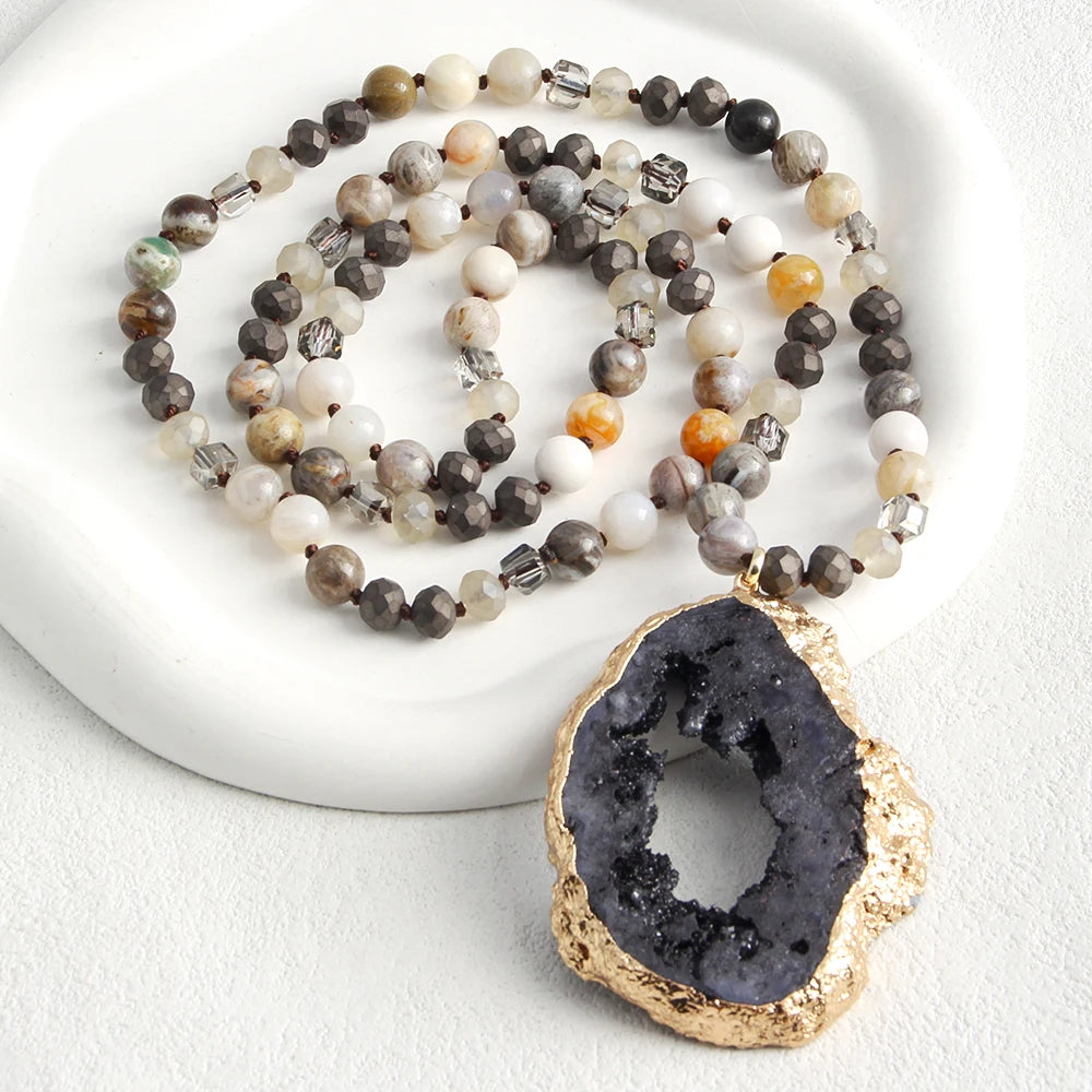 RH 2025 New Fashion Bohemian Style Natural Stone Glass Hematite Knotted Exaggerated Irregular Multicolor Druzy PendantNecklace