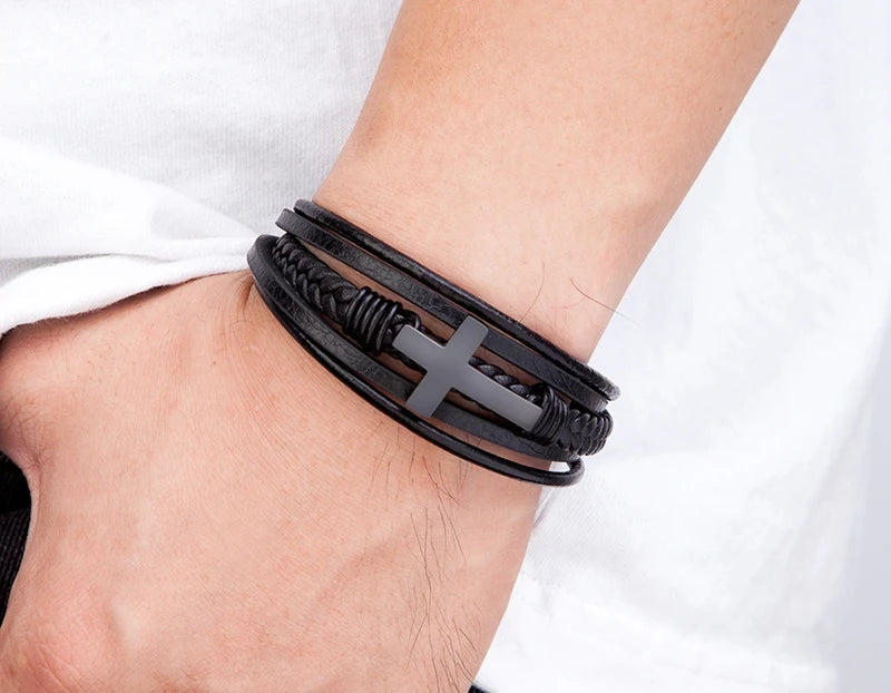 Men's Cross Bracelets Luxury Design Stainless Steel Bangles Classic Leather Bracelet Men Accessories Wrist Band Male Gift