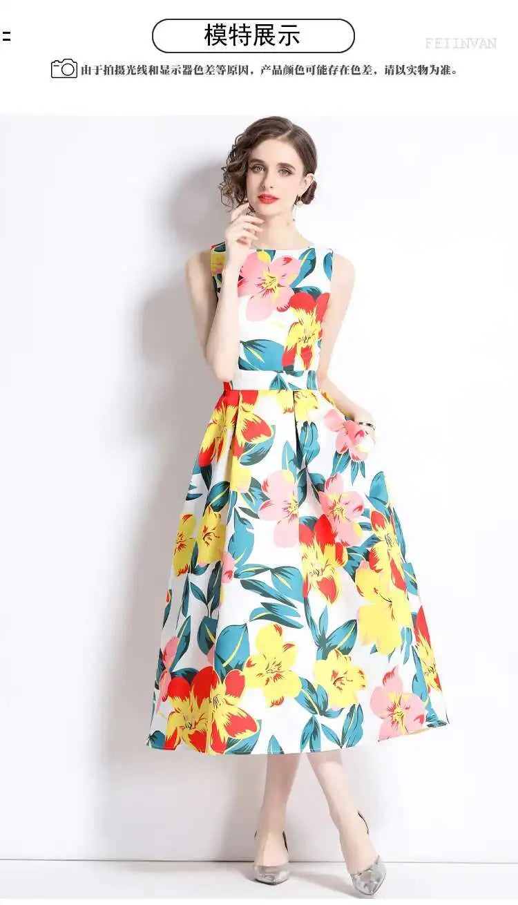 JAMERARY New Summer Hoilday Floral Midi Dress Women Printed A Line Long Vestidos