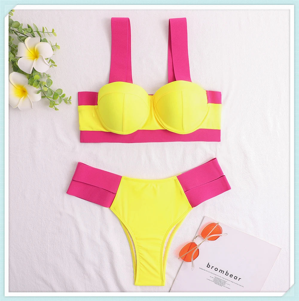 Solid Bandage Bikini Women Push Up Swimsuit Sexy Swimwear Female Brazilian Bathing Swimming Suit Bather Splicing Color Beachwear