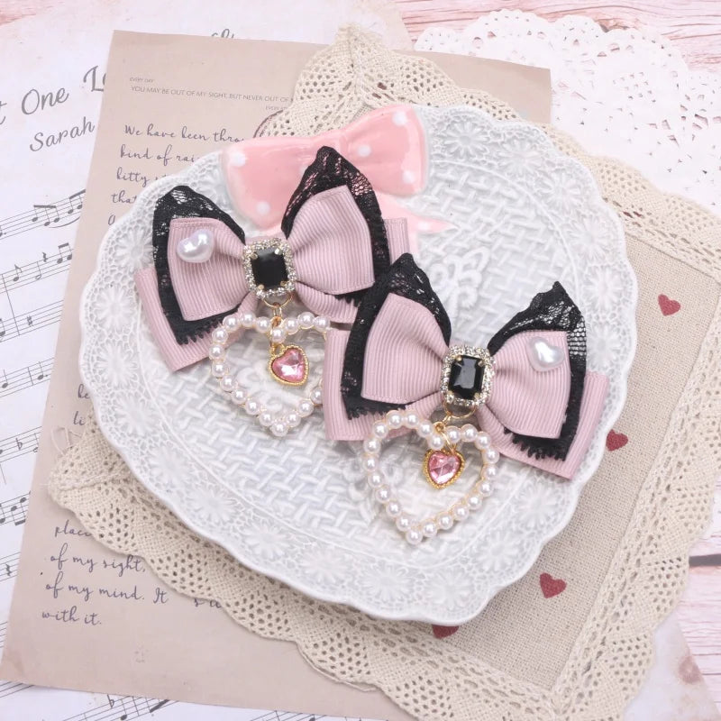 1 Pair Female Hair Clips Pearl Heart Side Clip Sweet Girl's Hairclips Lolita Hairpin Headdress Jiraikei Accessories