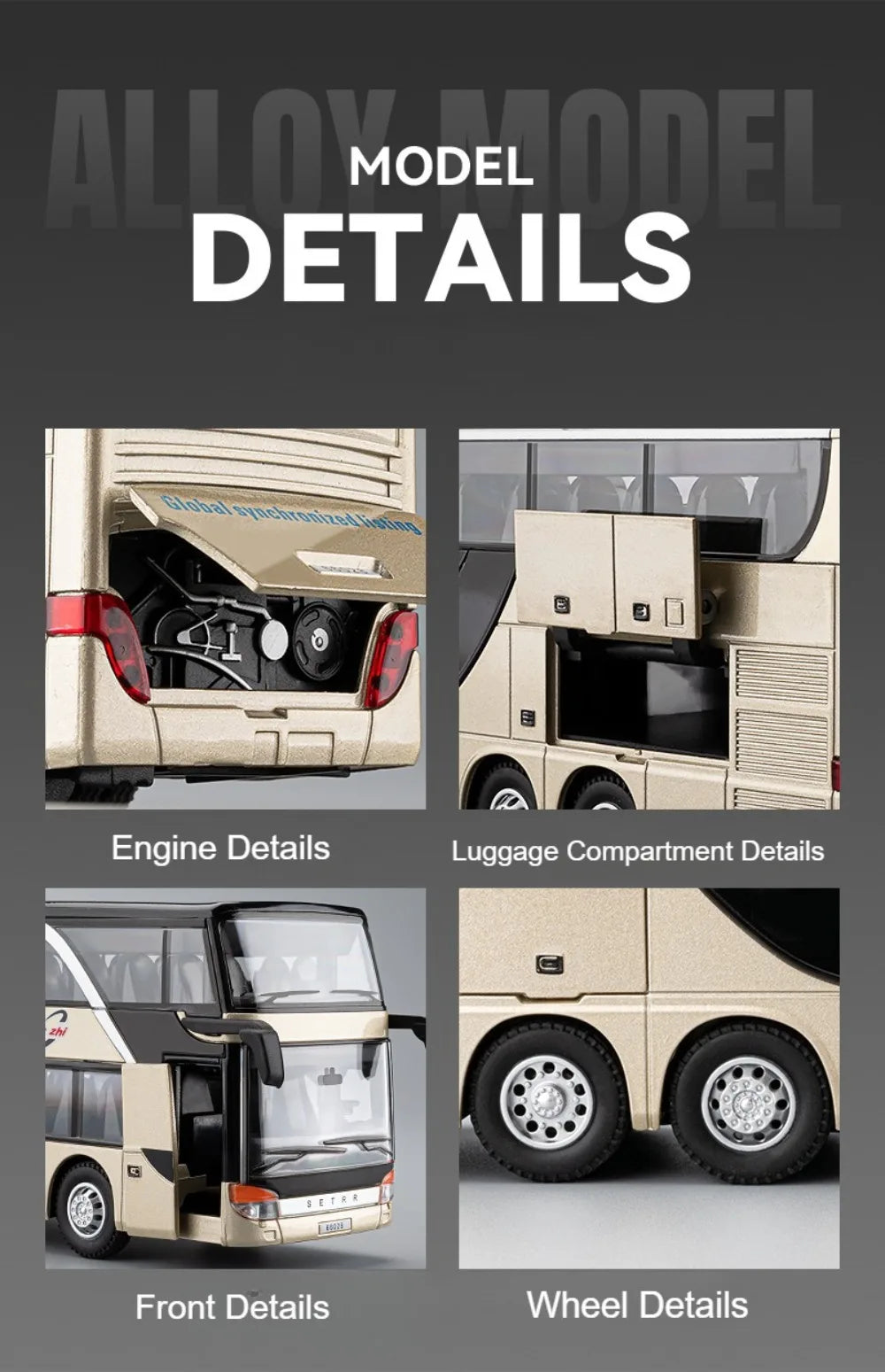 1:30 Business Single Alloy Diecast Double Decker Bus Model Toys Car Doors Opened Sound Light Pull Back Cars Child Christmas Gift