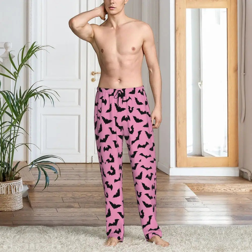 Custom Cute Spooky Halloween Bats Black And Purple Pajama Pants for Men Lounge Sleep Drawstring Sleepwear Bottoms with Pockets